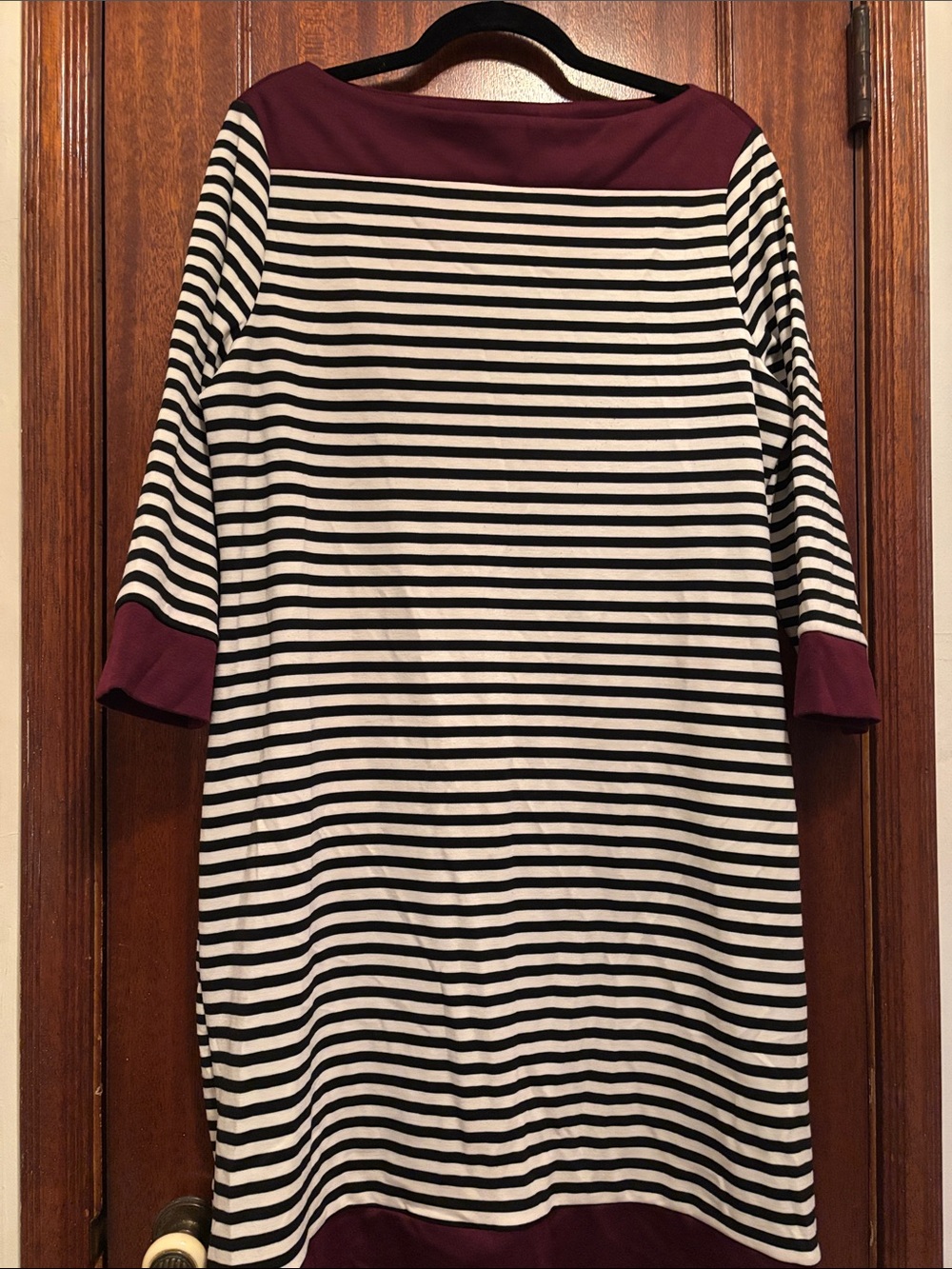 Isaac Mizrahi Black & White Striped Midi Dress with Burgundy Trim